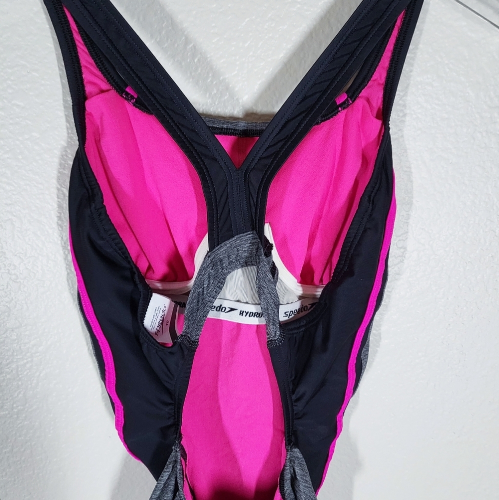 Speedo Quantum Splice One Piece Swimsuit Open Back Sporty Grey and Pink Size 10 - Picture 8 of 13